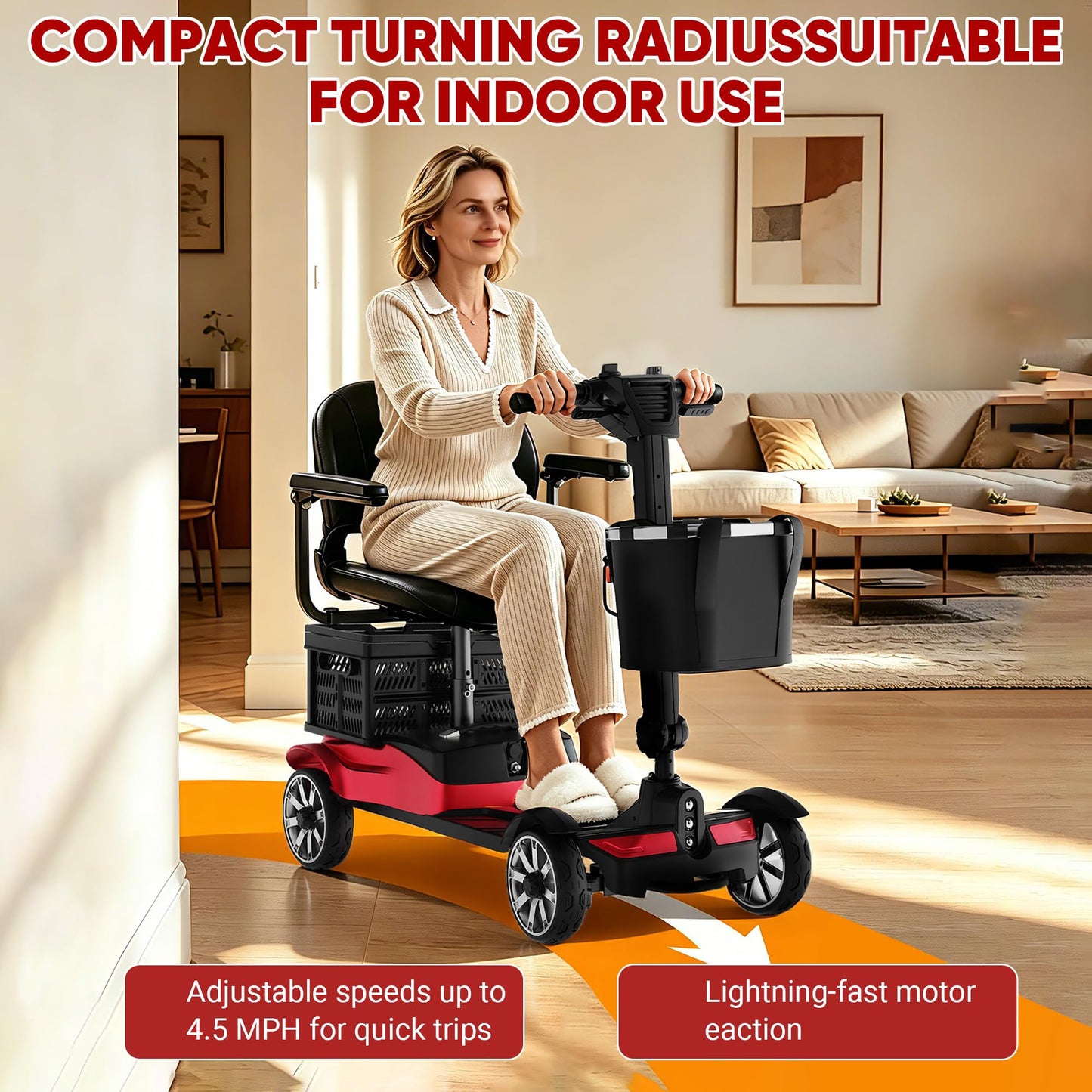 BIQISSI Mobility Scooter for Adults, 4 Wheel Motorized Mobility Scooter w/Storage Basket, 350LBS Capacity & Detachable Battery, 15Miles Electric Powered Mobility for Outdoor (Red, 15 MI-5)