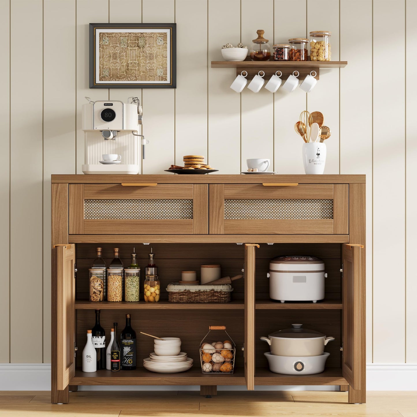 Garvee Rattan Buffet Cabinet, Boho Sideboard with 2 Drawers, Adjustable Shelf, High-Leg Storage Cabinet with Anti-Tip Hardware,for Kitchen,Dining Room,Entryway,Living Room, Light/Dark Oak
