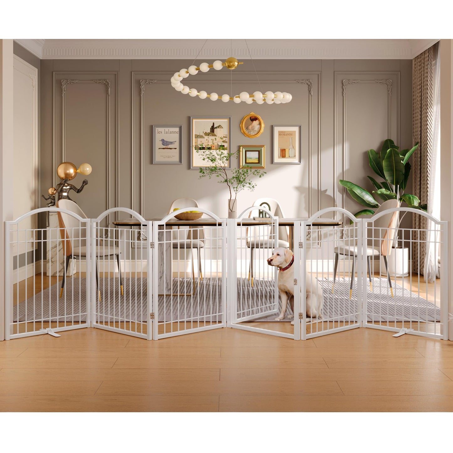 BHG Metal No-Assembly Freestanding Dog Gate with Door Walk Through, Extra Wide 144", Extra Tall 32" Pet Gate, Accordion Puppy Folding Playpen Dog Fence, with 2PCS Support (White, 6 panesl)