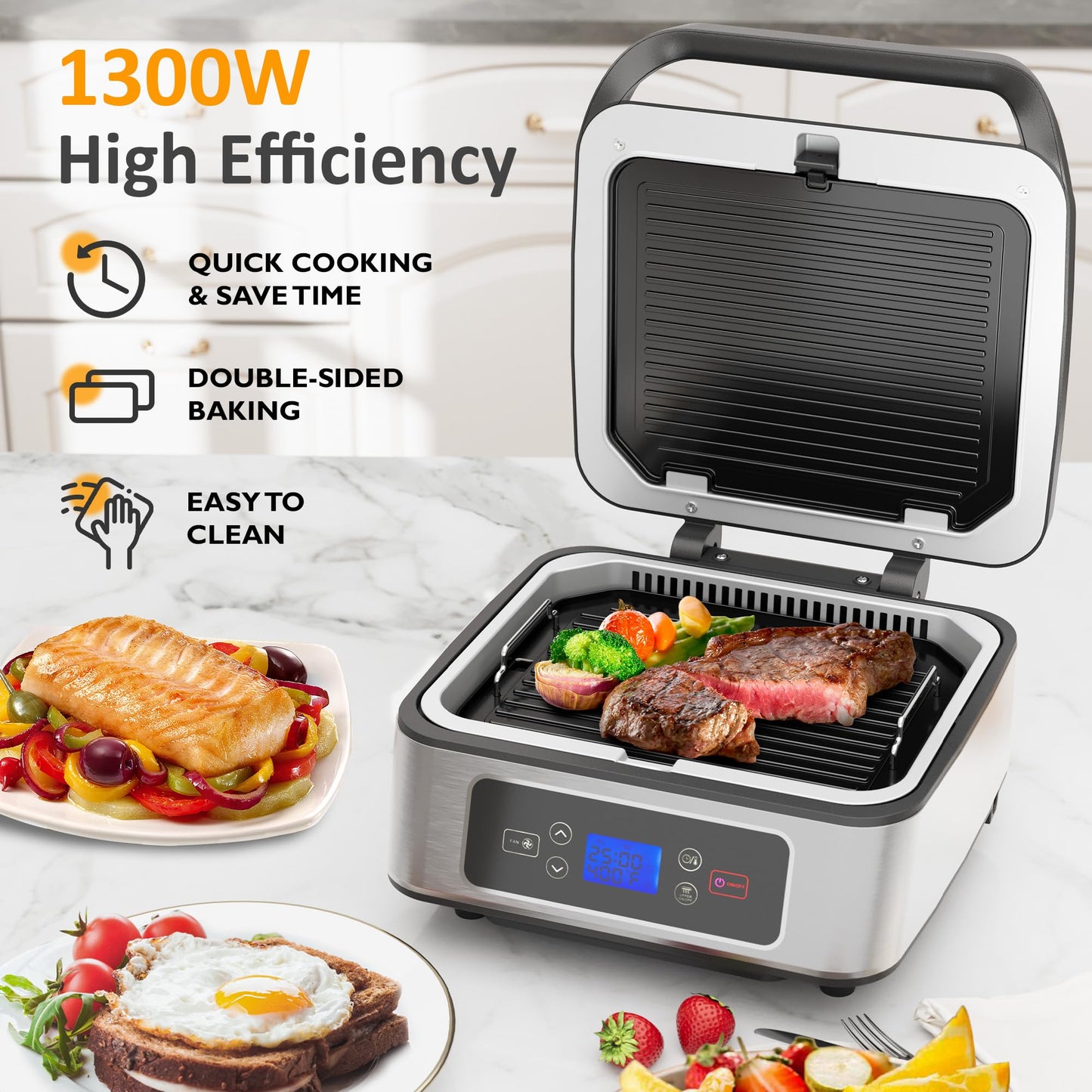 Sunvivi Indoor Grill, 1300W Smokeless Grill Indoor with Auto-Lift, Electric Griddle Nonstick with Removable Plates, Independent Upper Heating, Smart Time & Temperature Control, Easy to Clean and Store