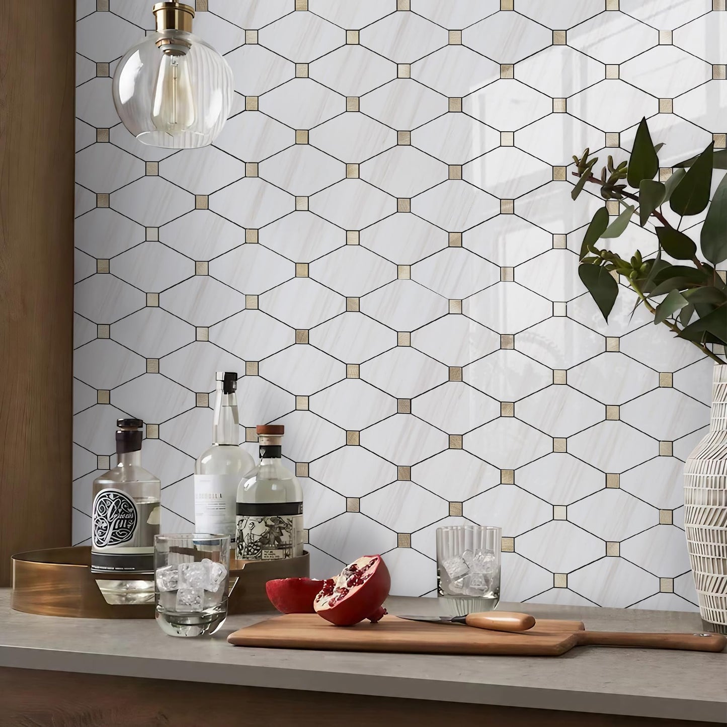 STICKGOO 10 Sheets Peel and Stick Backsplash, Polished Dolomite PVC Mixed Metal Gold Kitchen Backsplash, Stick on Backsplash Wall Tiles for Kitchen, Bathroom, RV