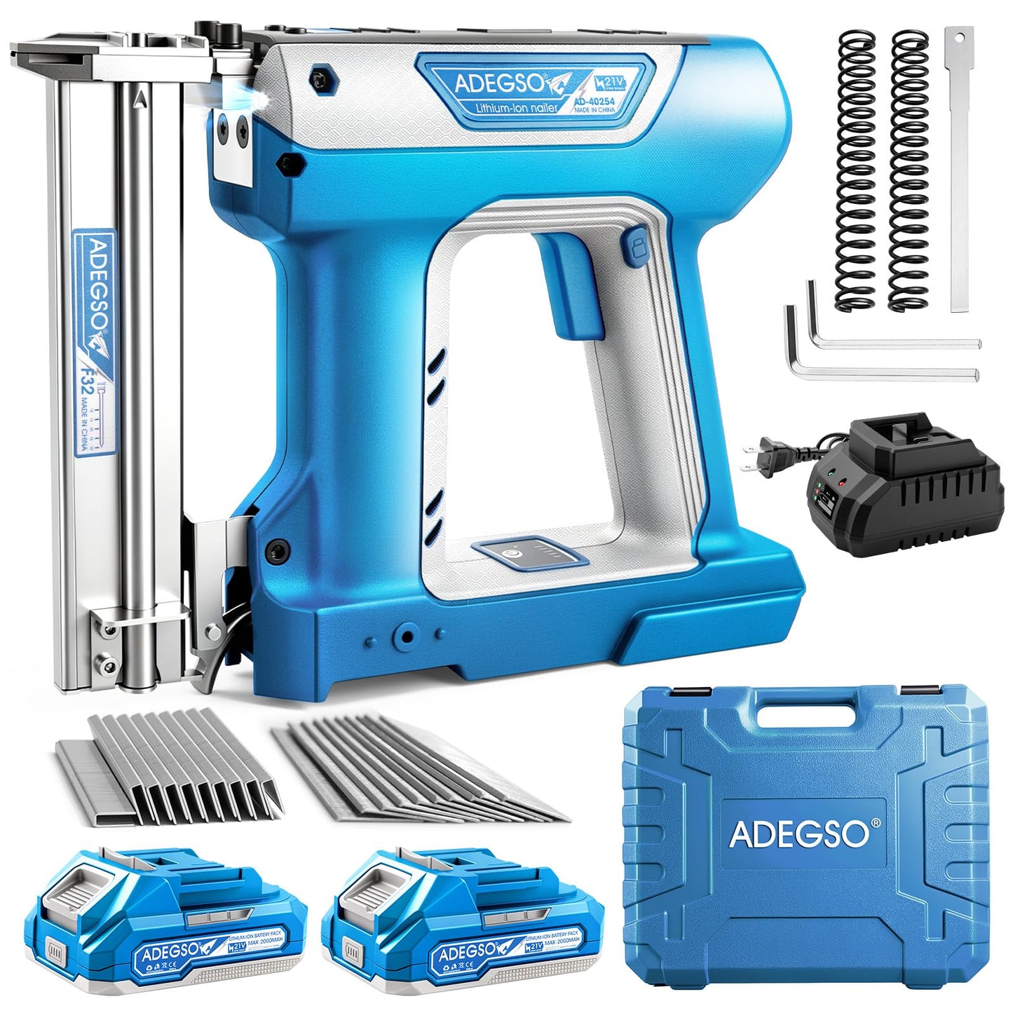 ADEGSO Cordless Brad Nailer Stapler, 18 Gauge 2-in-1 Battery Powered Nail Gun Kit with 2x 2.0Ah Batteries, Fast Charger & 1000 Nails & Staples Included, Ideal for Woodworking, Trim & DIY Projects