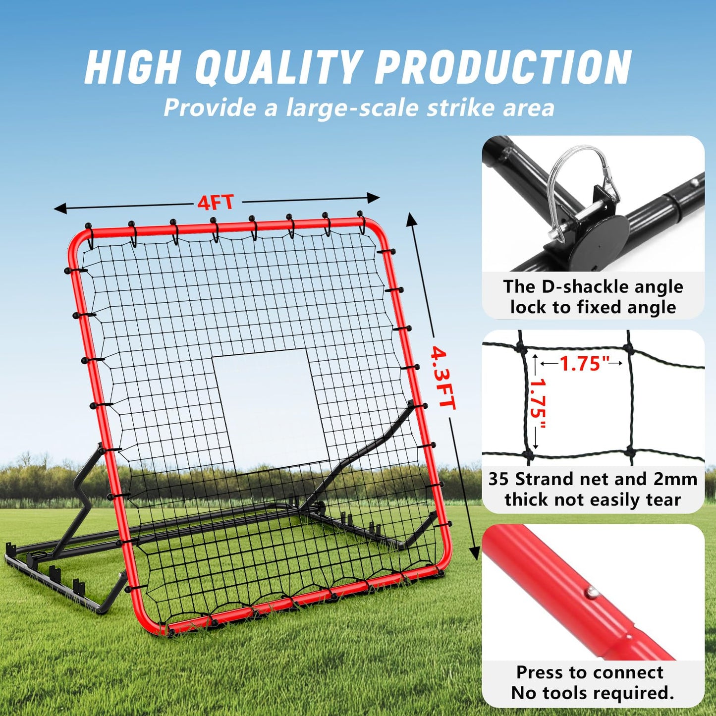Baseball Rebounder,4x4.5FT Soccer Rebounder with 4 Adjustable Angles, 28 Bungee Cords to Adjust Elastic, Sports Equipment for Soccer/Baseball/Softball/Volleyball Training,Pitchback Net for All Levels