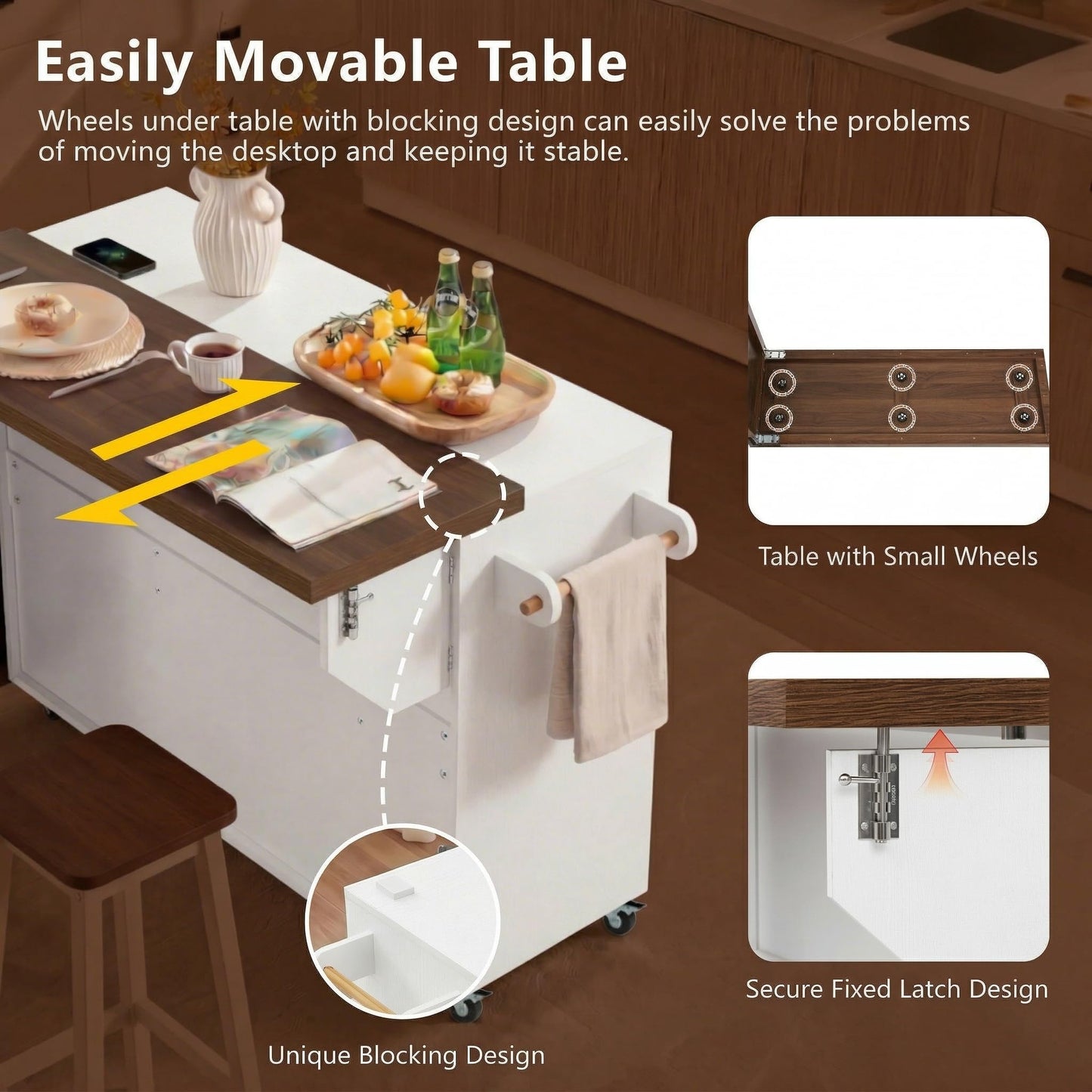 Casaphoria 102.3" Extendable Kitchen Island on Wheels, Rolling Kitchen Cart with Tilt-Out Trash Can Cabinet & 3-Tier Spice Rack, Mobile Drop Leaf Dining Table Prep Station for Small Spaces, White