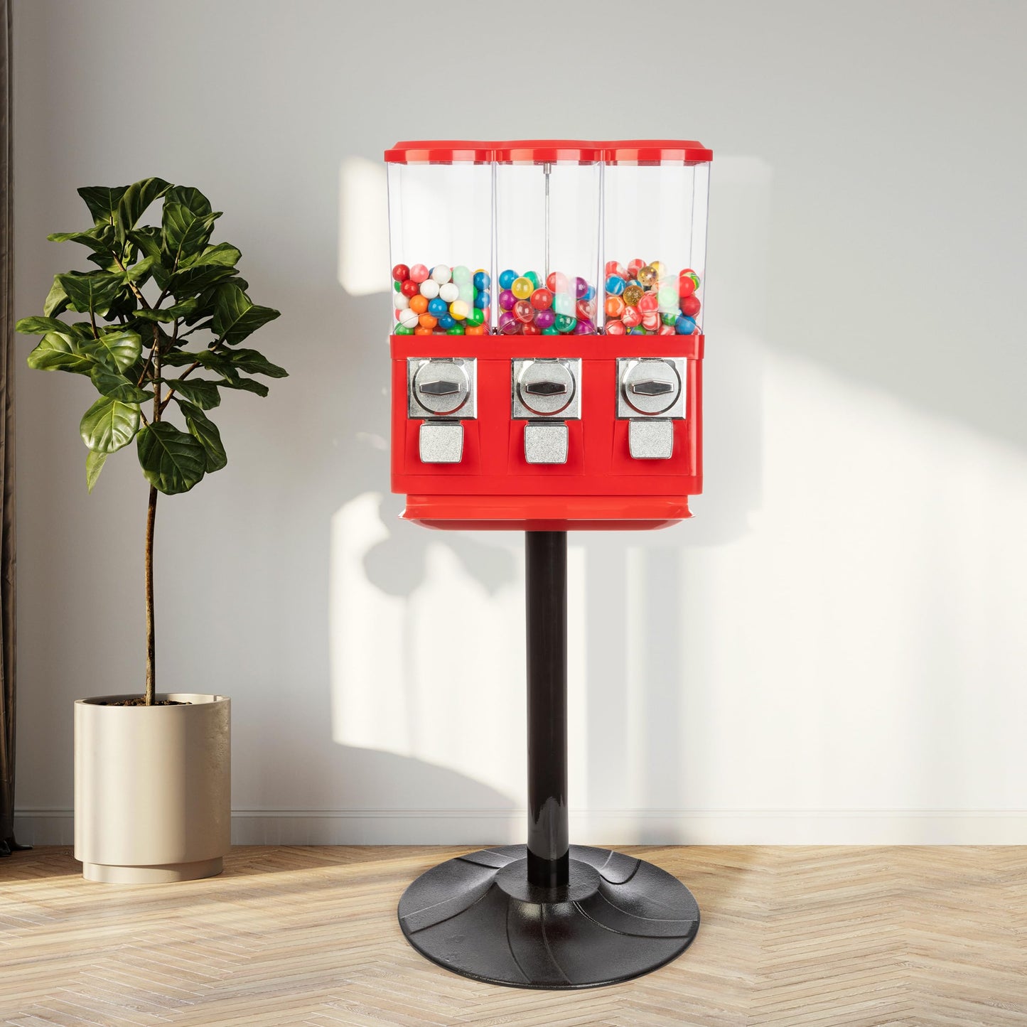 Gumball Machine - Triple Candy Machine Dispenser for Gumballs, Capsules, and Candy - Vending Machines for Business by Great Northern Popcorn (Red)