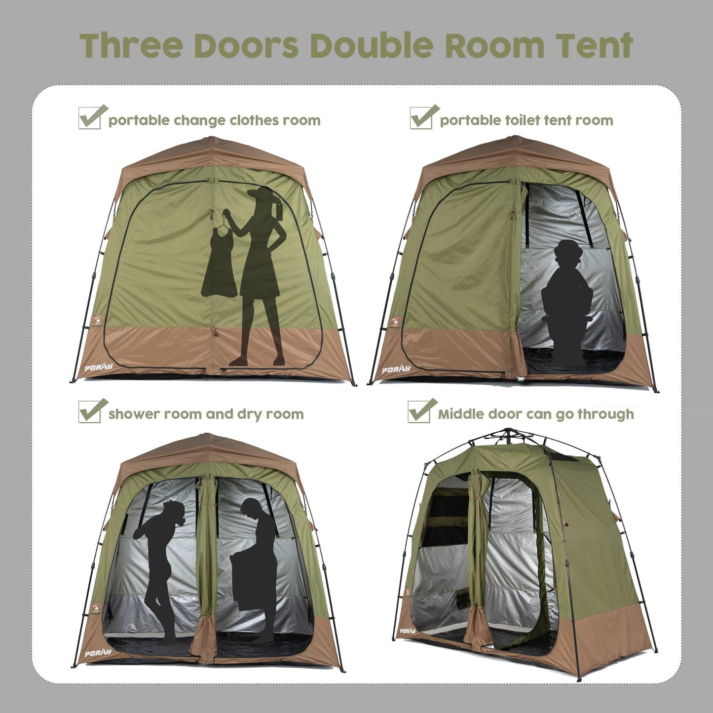 Porayhut Portable Camping Shower Tent Deluxe Changing Room Easy Set Up Privacy Shelter,Large Toilet Tent 2 Rooms with Floor Drain Design for Beach, Camping,Hiking with Stakes and Ropes for Stability