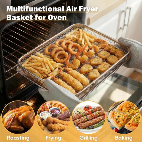 E-far Air Fryer Basket - Large 16” x 12” Stainless Steel Crisper Tray for Healthy Cooking | Dishwasher Safe