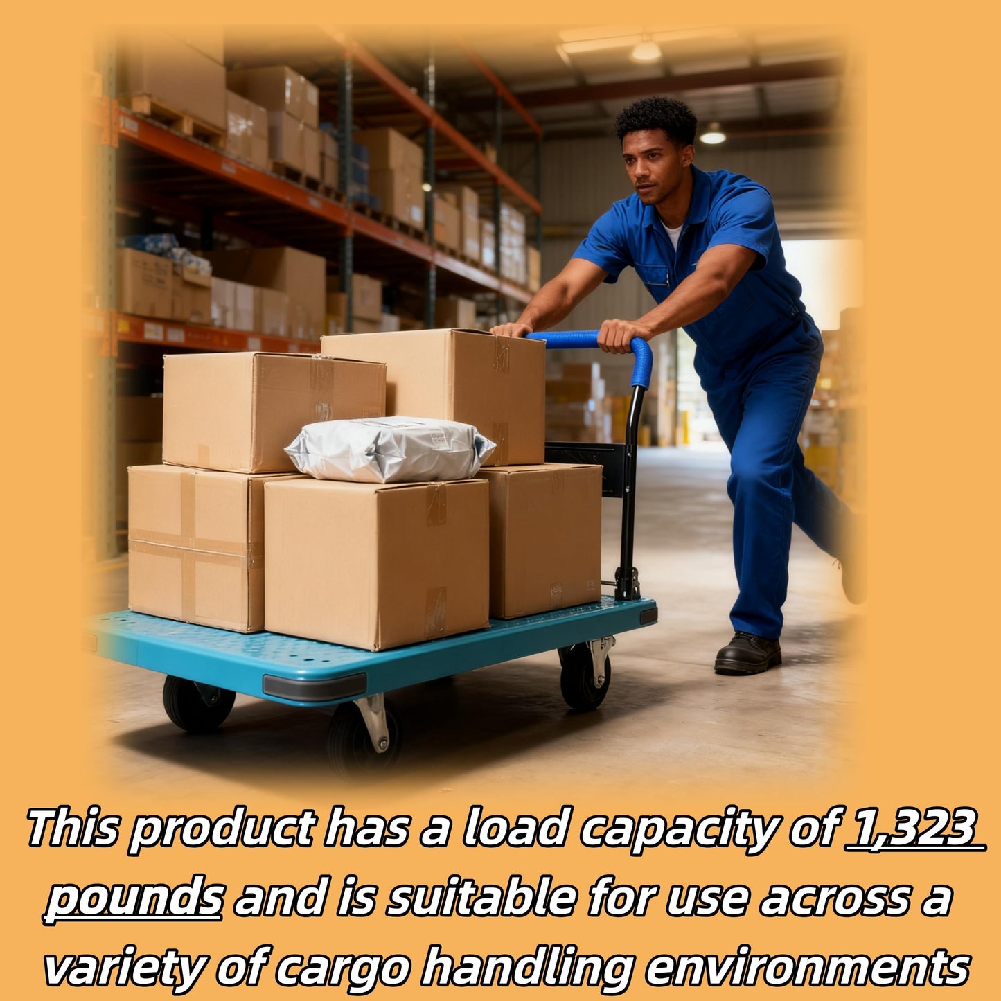 YVZNC Heavy Duty Flatbed Cart with Brake Wheels,Push Cart Dolly,Suitable for Outdoor and Warehouse Workers for Moving Goods on Smooth and Rough Surfaces,Carries 1323lbs（35.4"x23.6"x34.6"）