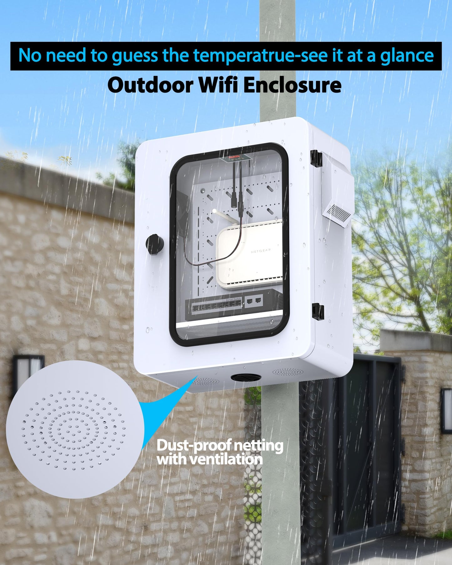 Akwscyby Outdoor Electrical Box with Thermostat and Fan and Clear Window, Precise Temperature Control 0.1°F, IP65 Water Resistant Rating, Galvanized Steel, Aluminum Rear Beam(19.7" x 17.7" x 8.0")