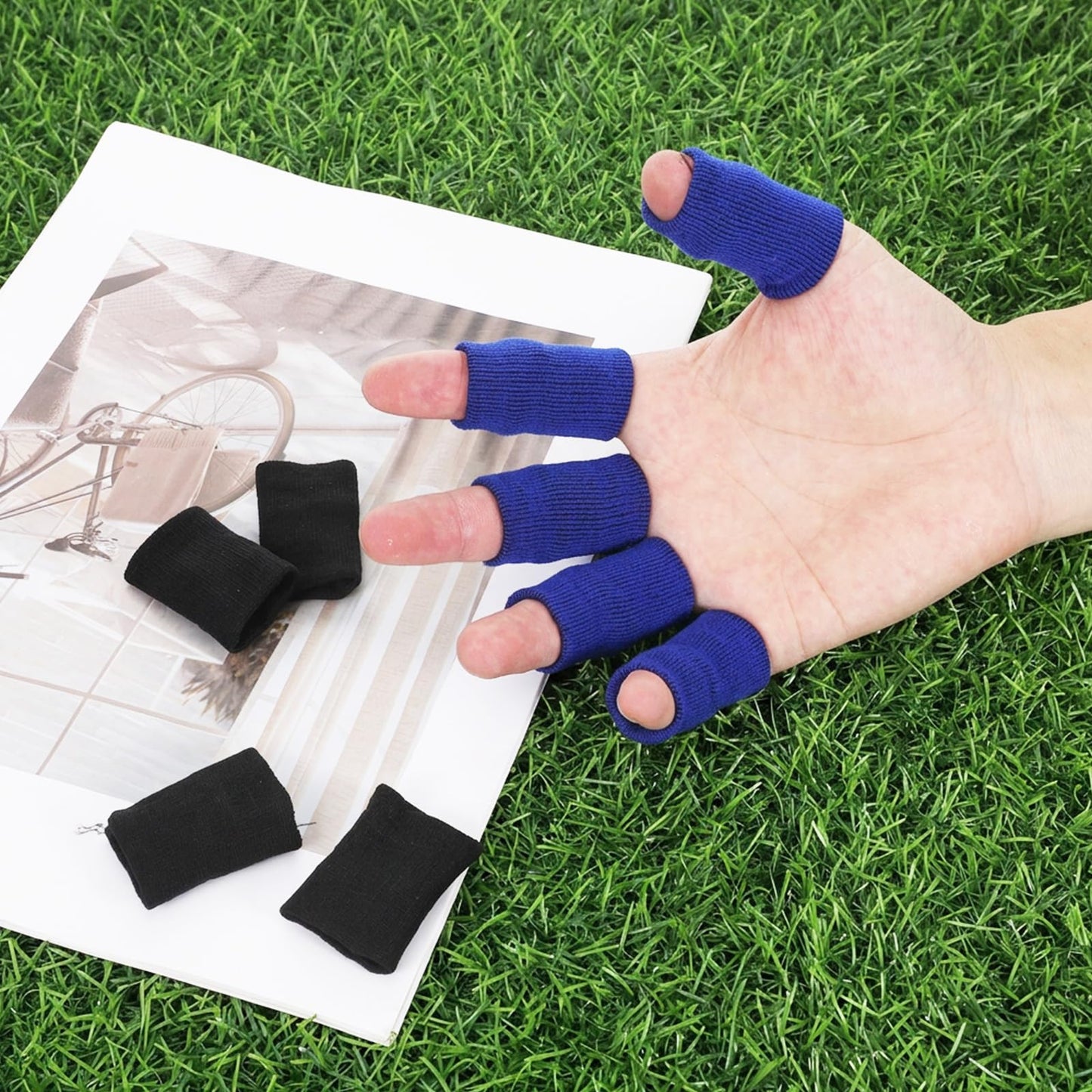 KALIONE Finger Sleeves Protectors, 10Pcs Sport Finger Sleeves, Elastic Fingers Support Sleeve, Compression FingerSleeves, Thumb Brace Support for Basketball, Golf (Black, Blue)