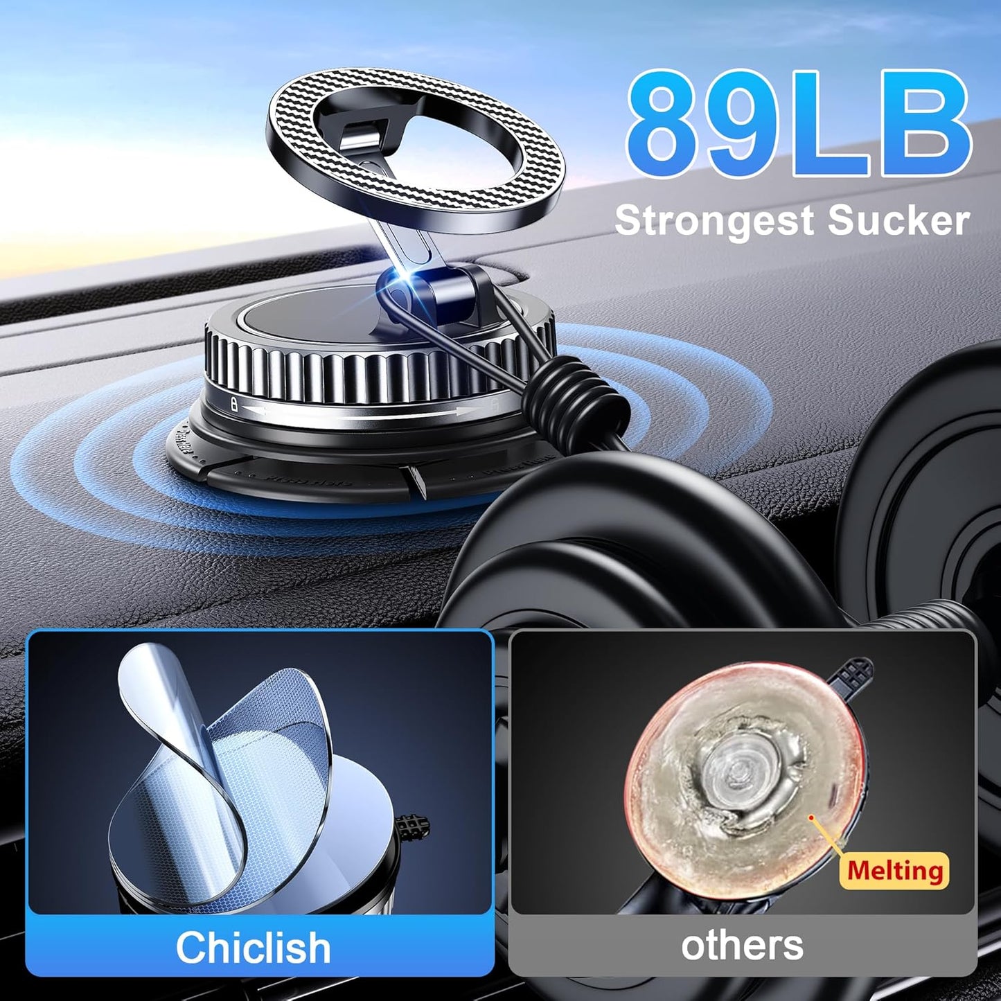 Chiclish [2026 89+LBS 3700gf 360 17-12 Car Phone Holder for Magsafe Suction & Magnetic] Adjustable Cell Phone Mount