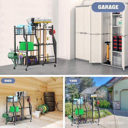 Garden Tool Organizer Rack by Extra Large | Heavy-Duty Storage Stand with Wheels for 60+ Tools - Black