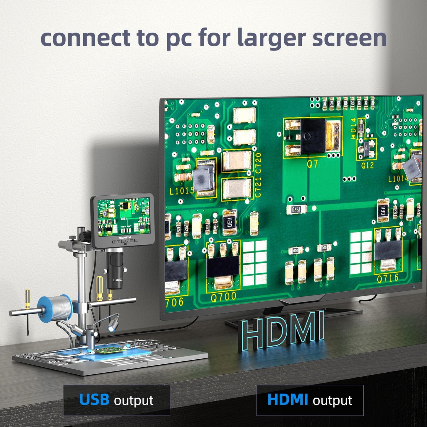 Andonstar 3 Lens 2160P UHD HDMI Digital Microscope 2000X, AD246SM-Plus Professional for PCB Circuit Board Soldering Microscope Station, Soldering Helping Hands, Tool Holder, 32G Card