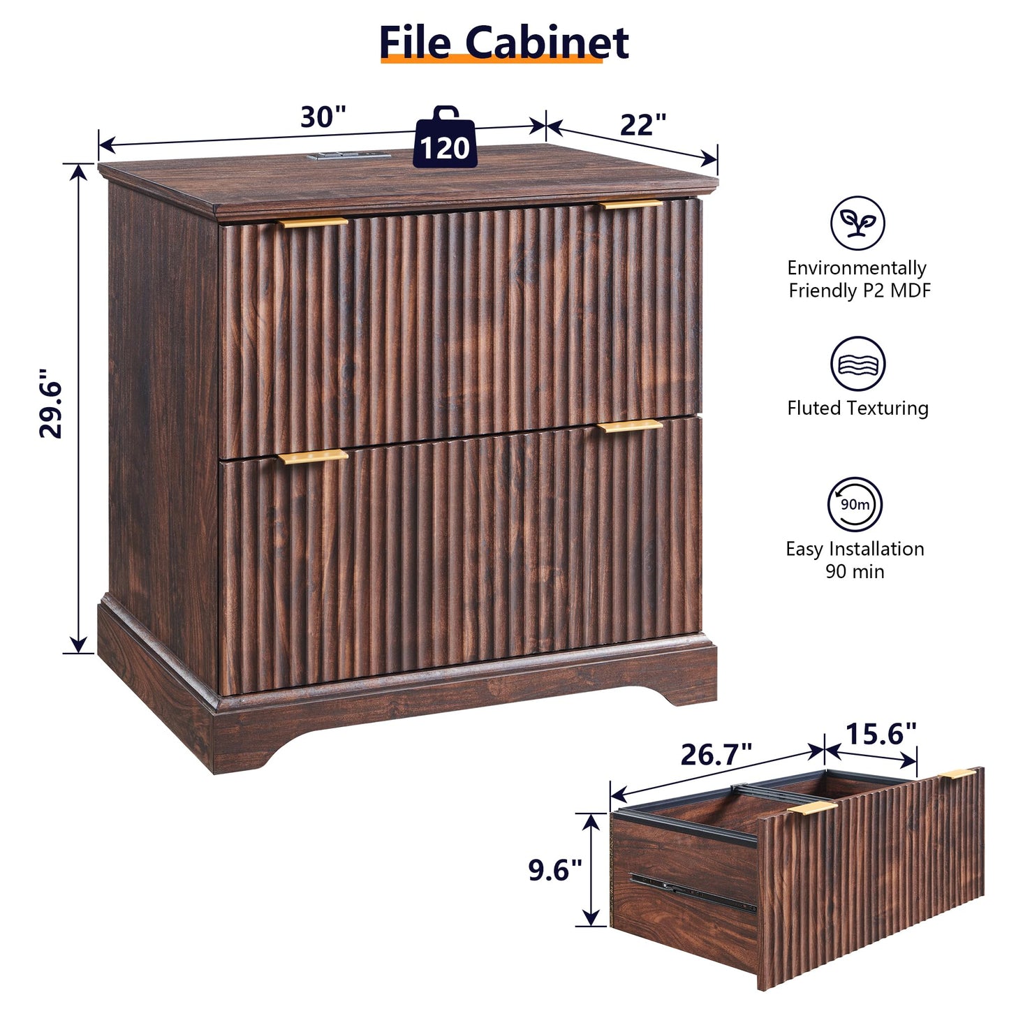 JXQTLINGMU 2 Drawer File Cabinet with Charging Station, 30" Fluted Lateral File Cabinet w/Files Hanging Rod for Letter/Legal/A4, Large Tabletop for Printer, Office Wood Printer Cabinets, Dark Walnut