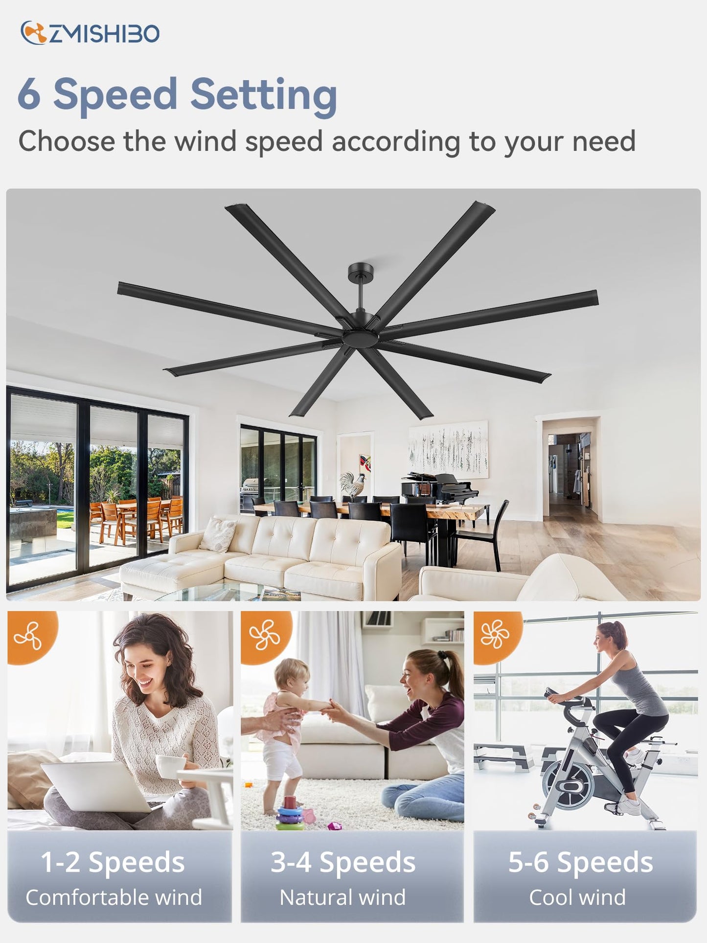 ZMISHIBO 108 Inch Large Ceiling Fans with Remote, High Volume(HVLS) Industrial Ceiling Fan with Reversible DC Motor, 8 Blades, 3 Downrods, Commercial Outdoor Ceiling Fans for Porch/Garage/Shop, Black