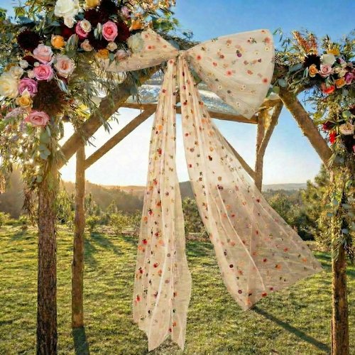 Canlierr Extra Large Floral Tulle Bow Decorations - 39 x 59 Inch Champagne Organza Bow with Long Ribbon Tails for Spring Wedding Backdrop & Room Decor