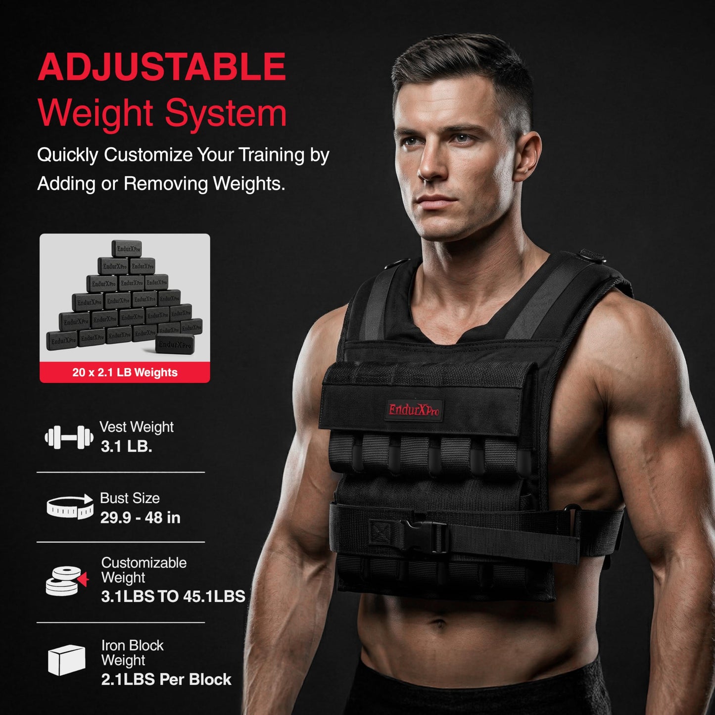 EndurXpro Weighted Vest for Men & Women | Adjustable Weight Vest 25 lbs/35 lbs/45 lbs with Removable Iron Weights, 1000D Cordura Weighted Training Vest for Rucking, Running & Strength Training