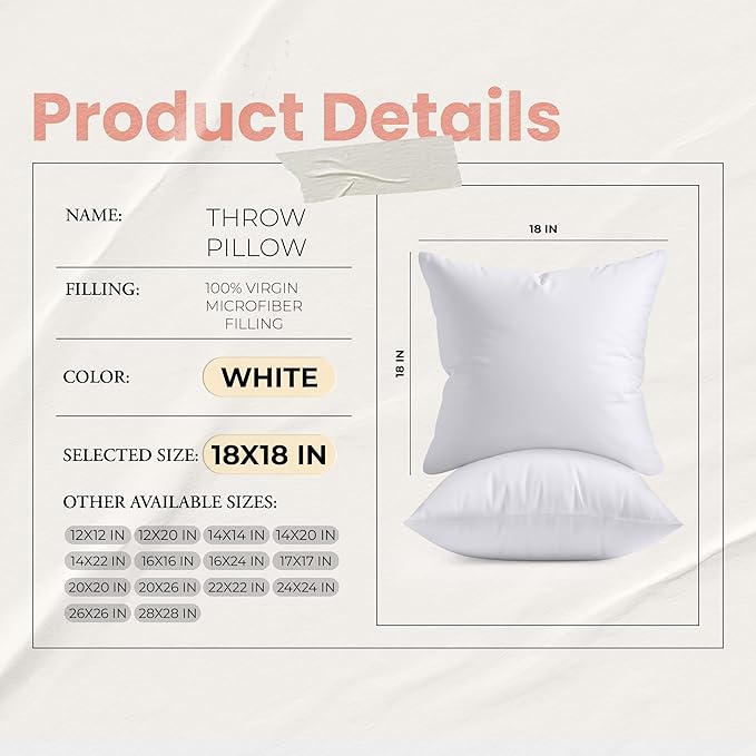 Utopia Bedding 18x18 Pillow Inserts, Set of 2, White – Indoor Decorative Throw Pillows for Bed, Sofa & Couch – Soft, Supportive & Fluffy Cushion Inserts