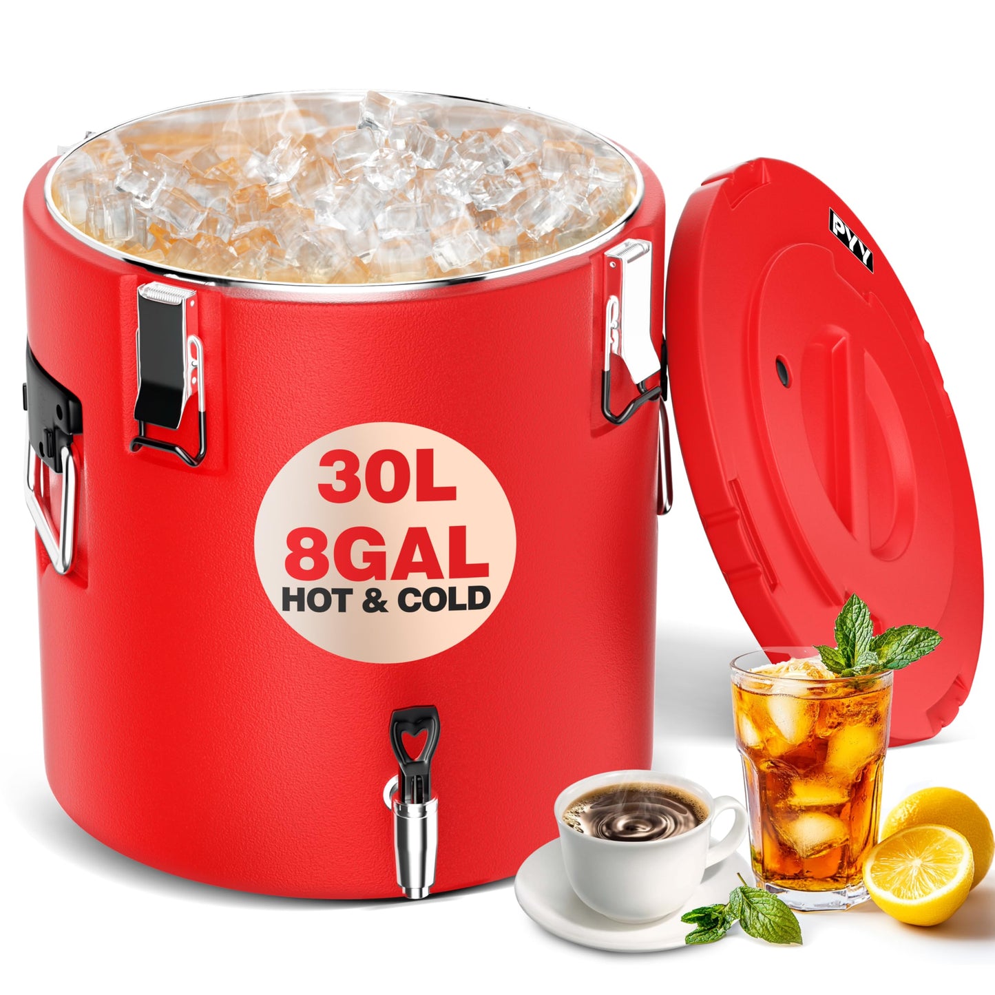 PYY Insulated Beverage Dispenser 8 Gallon - Hot Drink Dispenser with 304 Stainless Steel Interior & Spout, Commercial Thermal Container for Hot and Cold Drink, Portable Outdoors Water Cooler Jug