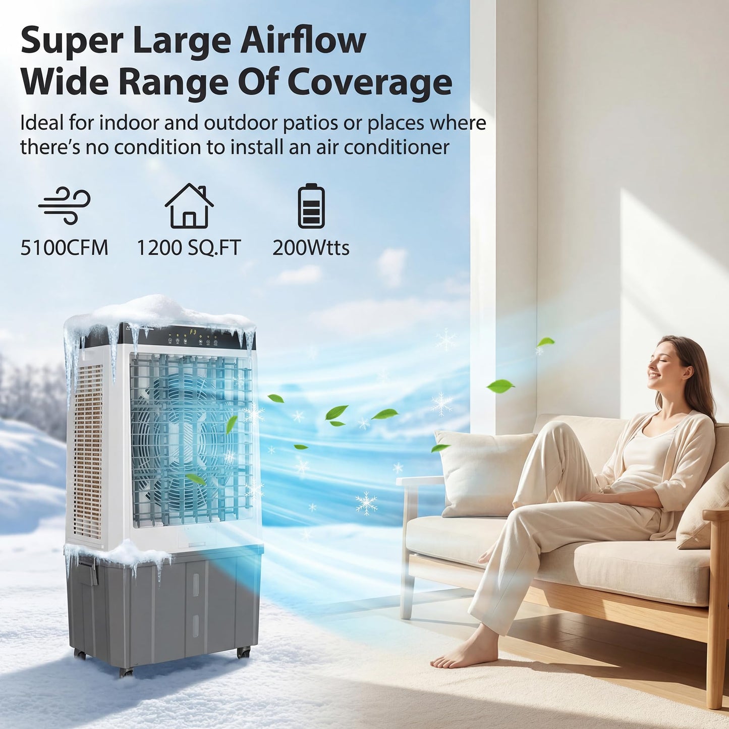 AKIRES 45" Large Swamp Cooler,5100 CFM Evaporative Air Cooler,16.5 Gal Water Tank Portable Air Cooler,120°Oscillation with Remote Control,12H Timer,3 Modes & Wind Speeds for Outdoor Indoor Use,Black