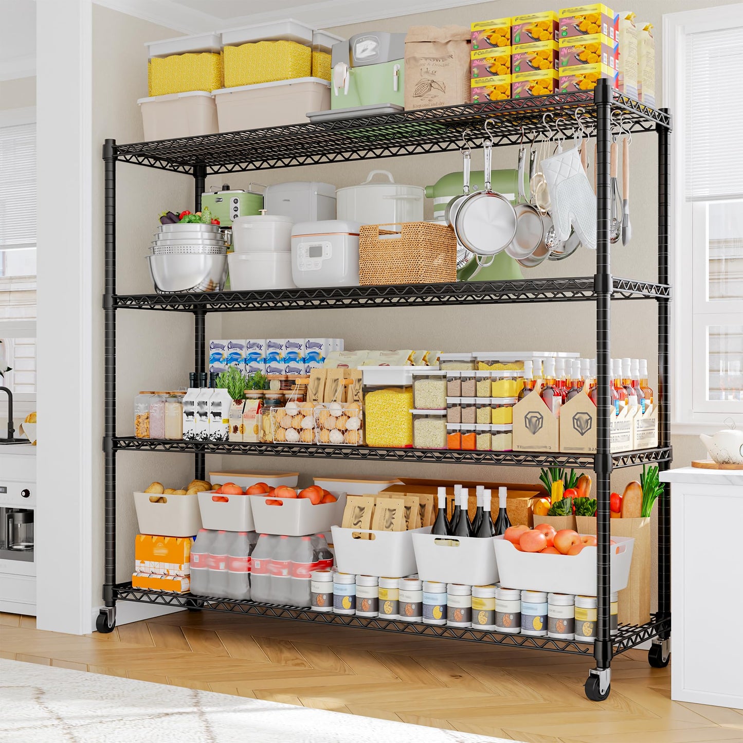 REIBII 2480LBS Capacity Heavy Duty Storage Shelves with Wheels, 1-Inch (25.4mm) Steel Tube, Adjustable Wire Shelving for Garage, Warehouse, Pantry & Commercial Use, 75.6" H x 55.5" W x 24" D