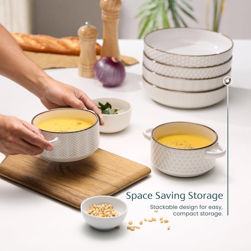 KooK Ceramic Pasta Bowls - Large Capacity Embossed Serving Bowls | Microwave & Dishwasher Safe, Set of 4, Ivory with Dark Copper Accents