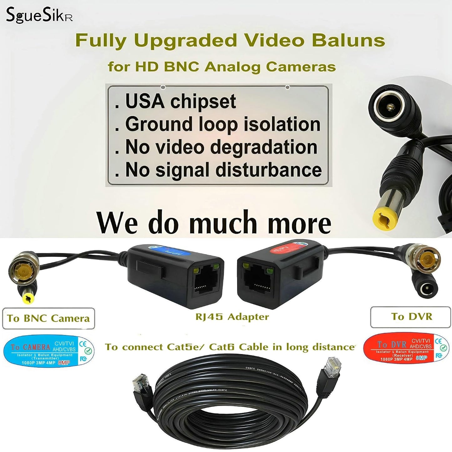 RJ45 4 8MP Cat5e/Cat6 (400ft) Chipset BNC to Video Balun with Power - Pair Ground Loop Isolated Weatherproof Adapter |