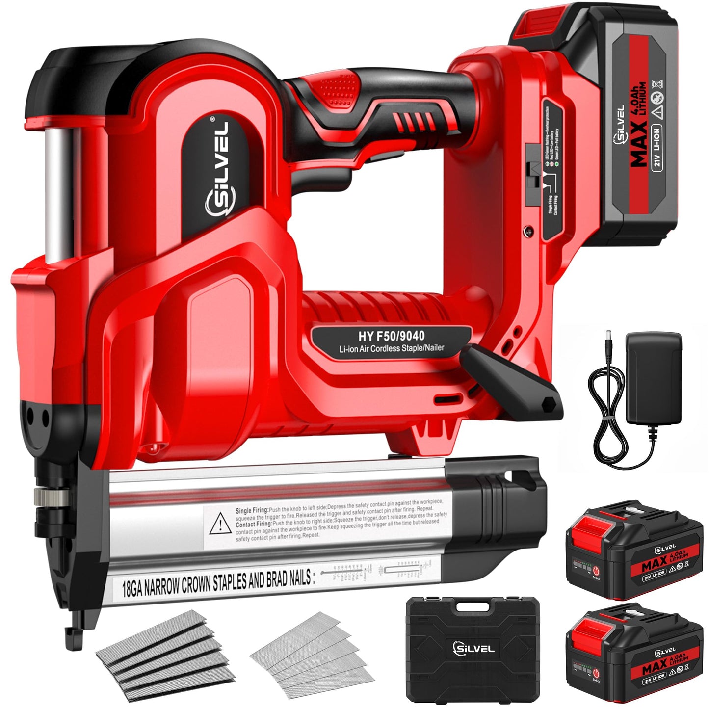 SILVEL 2" Cordless Brad Nailer, 2-in-1 21V Electric Brad Nailer Stapler with 2 * 4.0Ah Battery, 1000pcs Nails, 18GA Staples, Adjustable Depth for Woodworking, Home Improvement