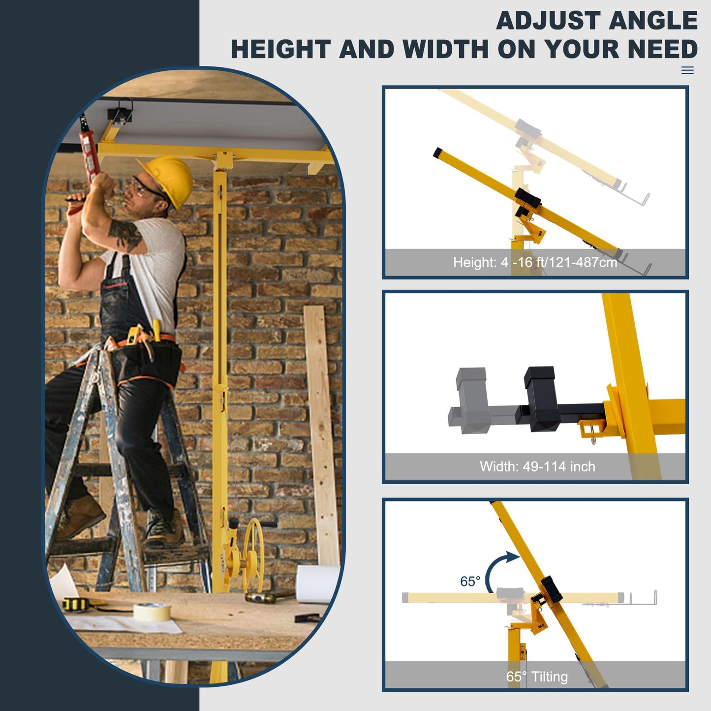 16FT Drywall Lifter Sheetrock Lift, 150 Lbs Capacity Heavy Duty Drywall Lift Panel with 3 Lockable Wheels & 360° Adjustable Telescopic Arm, Drywall Jack Lift for Home Improvement, Yellow