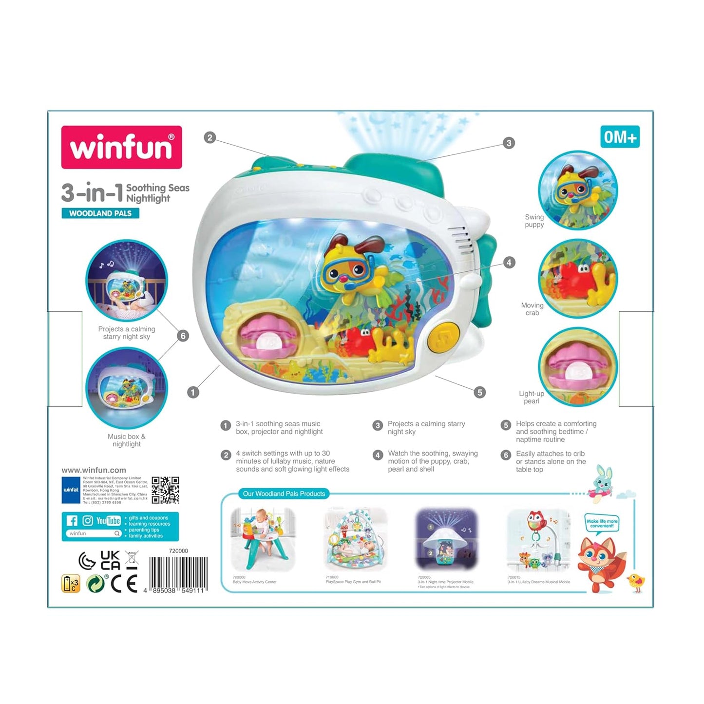 Winfun 3-in-1 Soothing Seas Nightlight - Music Box Projector with Calming Lullabies for Babies | Attachable to Crib or Tabletop