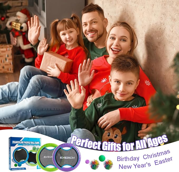 EVERICH TOY Trampoline Paddle Ball Set with 2 Bouncy Paddles & 4 Balls - Soft Foam Design for Kids Play Indoor Outdoor Beach Backyard Lawn - Great Gift Idea for Boys & Girls (Blue & Purple)