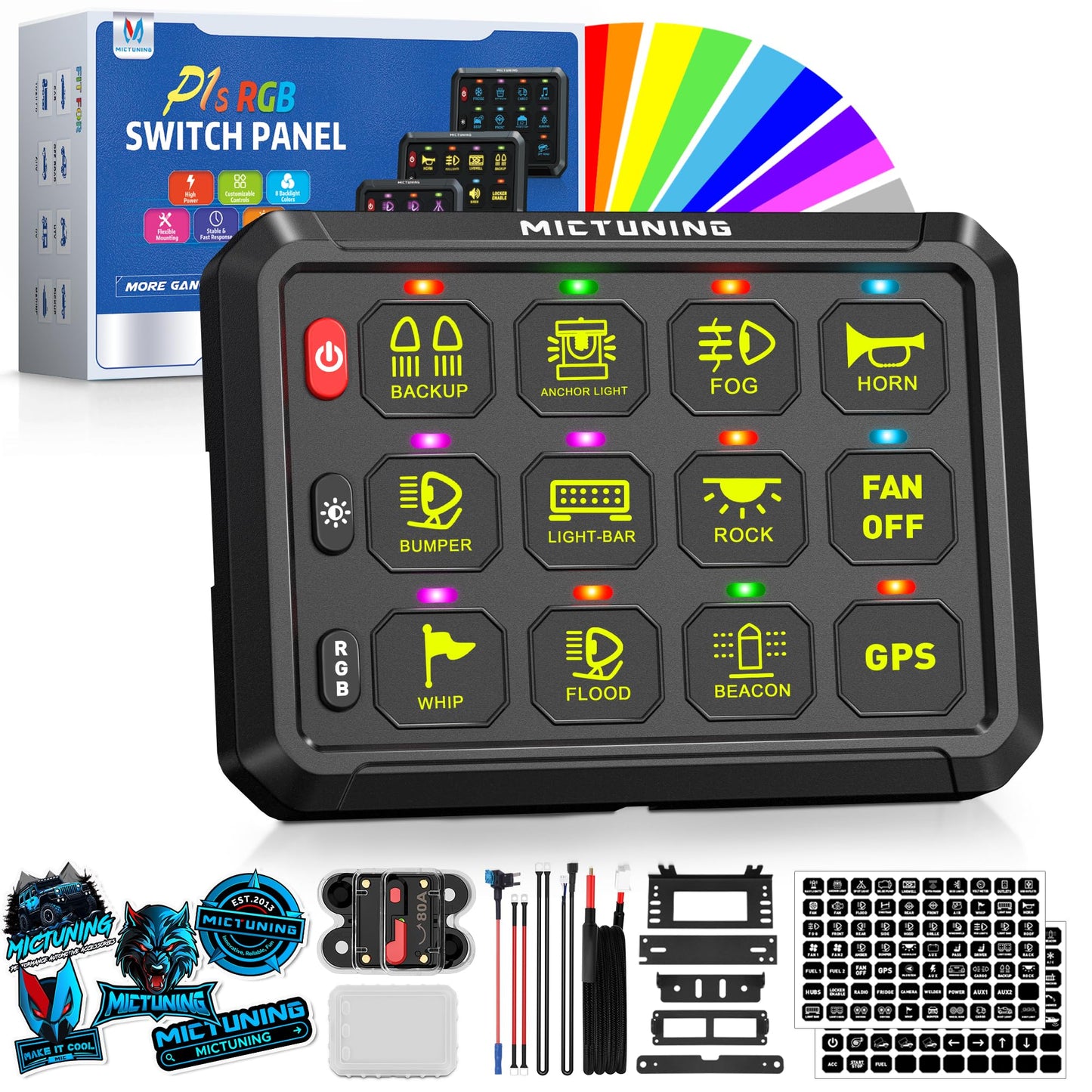 MICTUNING P1s RGB 5 Inch 12 Gang Switch Panel, High Power 6 Level Brightness Multifunction Toggle Switch Momentary Circuit Control Relay System Box for Truck RV Offroad Marine, w/Silicone Cover