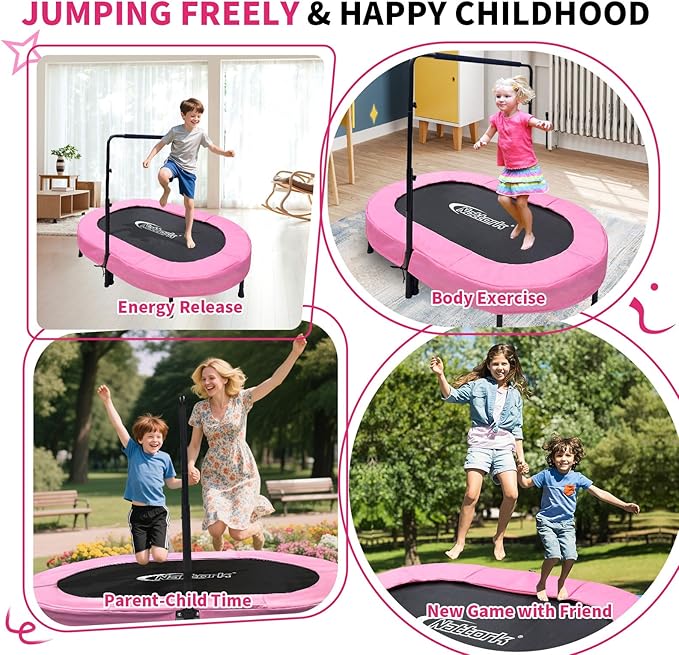 Nattork 56" Kids Trampoline Indoor, Double Trampoline with Adjustable Handle for Kids, Indoor/Outdoor Foldable Jumper, Max Load 220lbs