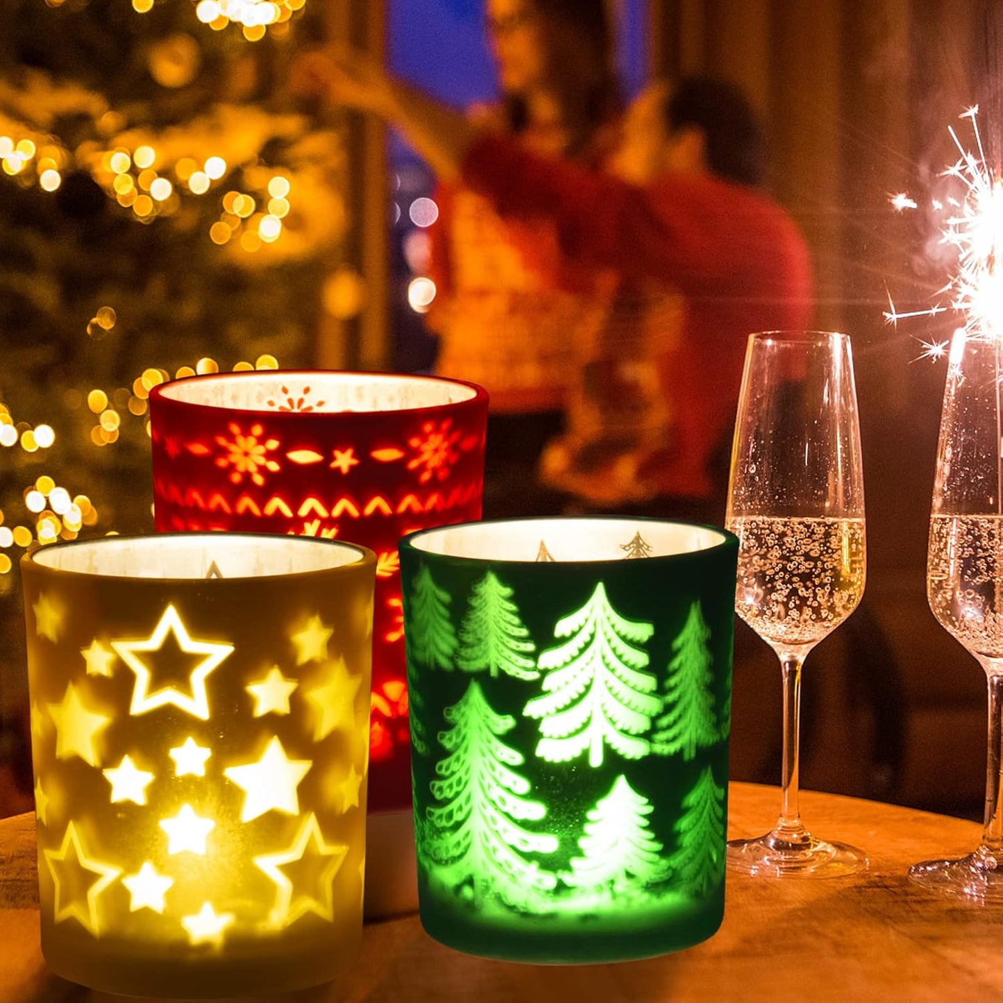 Rancco Tealight Candle Holders - Festive Indoor Xmas Decor | Elk, Christmas Tree & Stars Designs, 3.3x2.6in