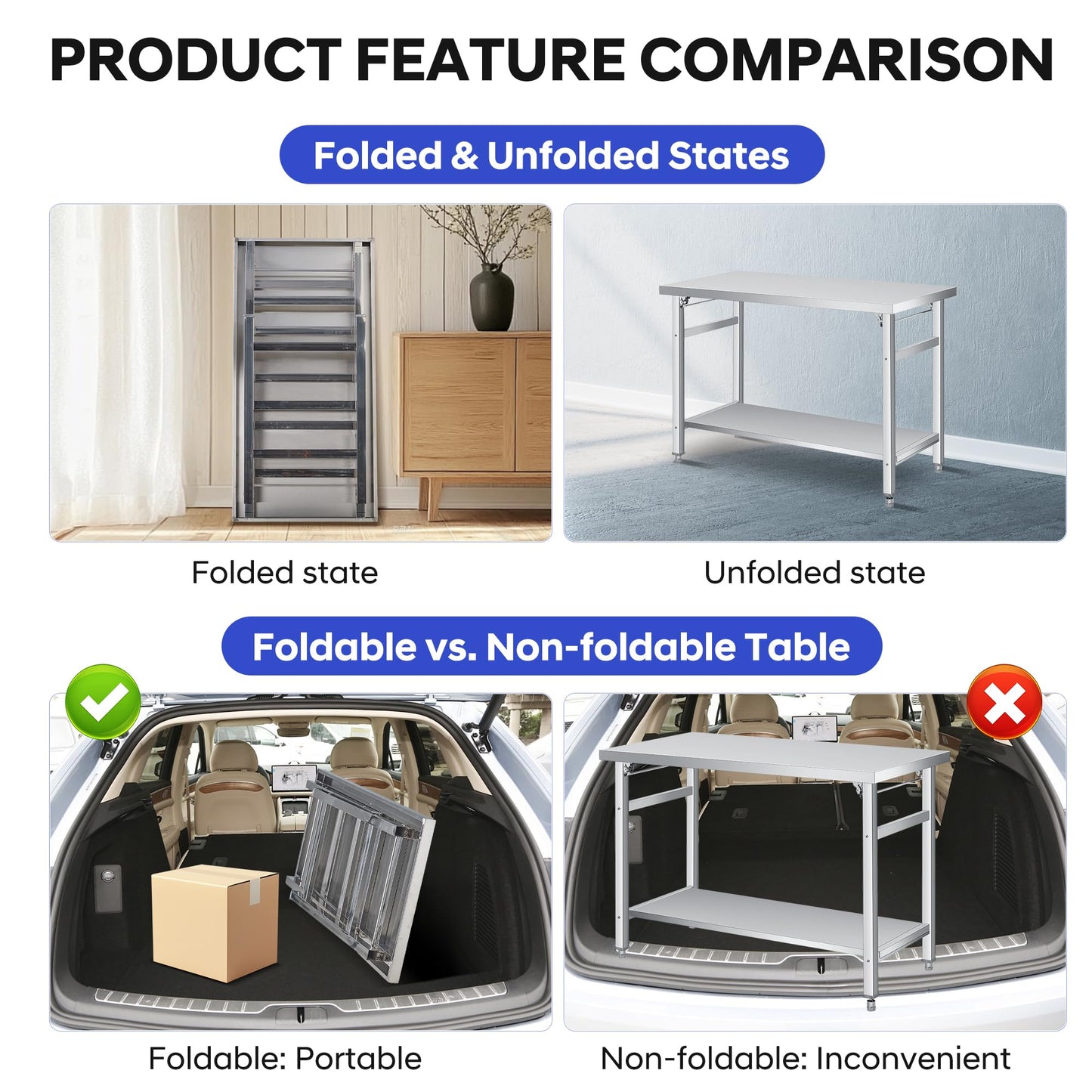 GAOMON 48" Folding Stainless Steel Table, 920 LBS Commercial Worktable Workstation with Undershelf for Prep & Work, NSF Stainless Steel Kitchen Island for Home Kitchen Restaurant Garage Warehouse