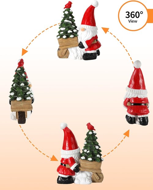iStatue Santa Gnome Figurine - Lighted Mini Christmas Tree & Cardinal Decorations - 9.5 Inch Holiday Decor