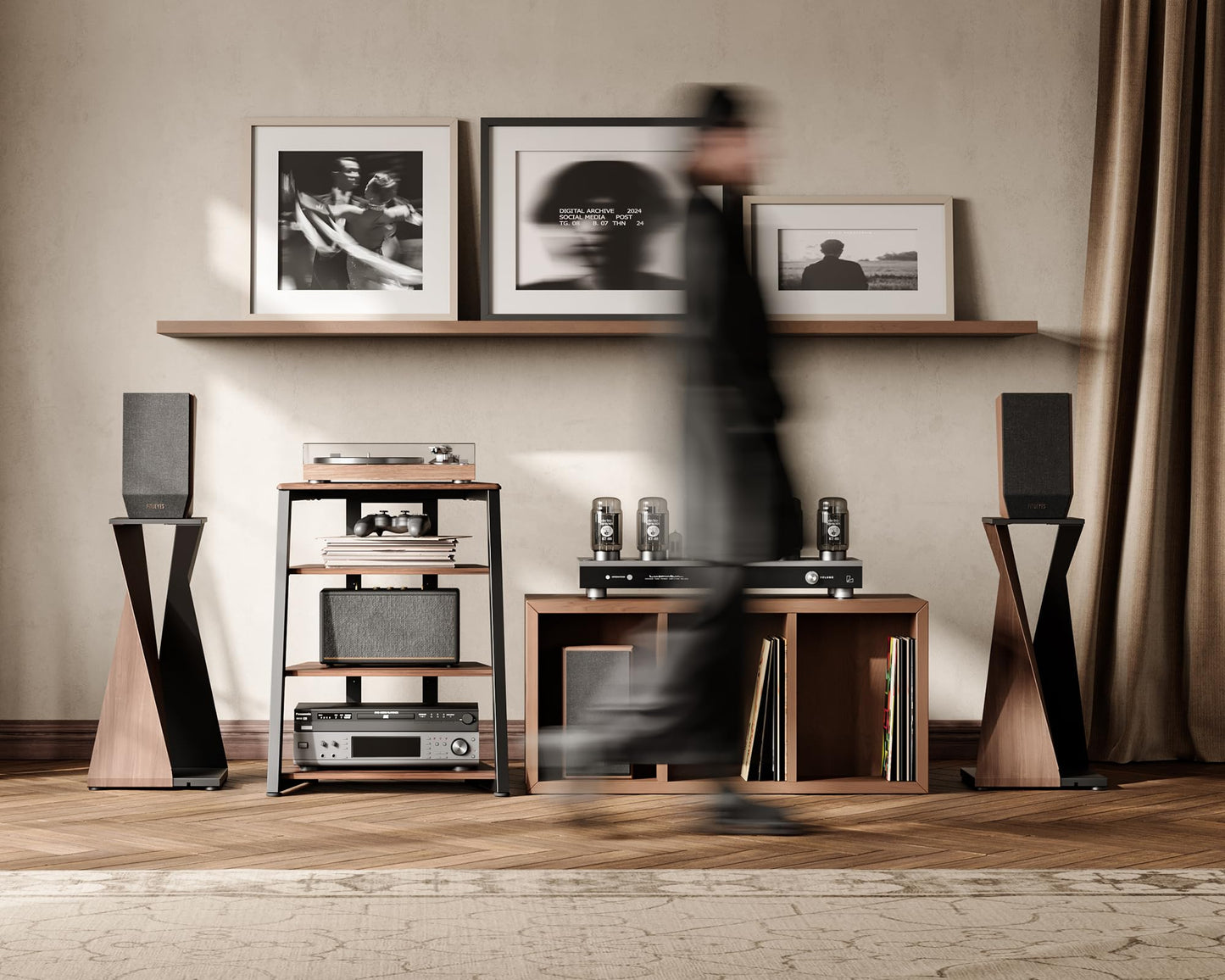 FITUEYES Design 4-Tier AV Media Stand Corner Shelf for Record Player Wooden Stereo Cabinet Audio Rack Tower with Height Adjustable Wooden Shelves for ps4 (Walnut)