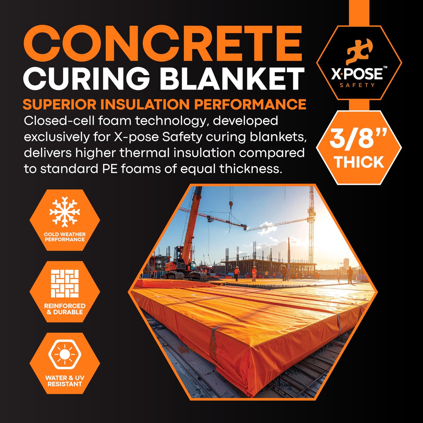 Xpose Safety Concrete Curing Blanket 6' x 25' Cut Size – 2 Layers 0.375" Thick Foam Insulation, UV & Water-Resistant, Brass Grommets, Heavy-Duty Stitching, Cold Weather Protection – Orange/Brown