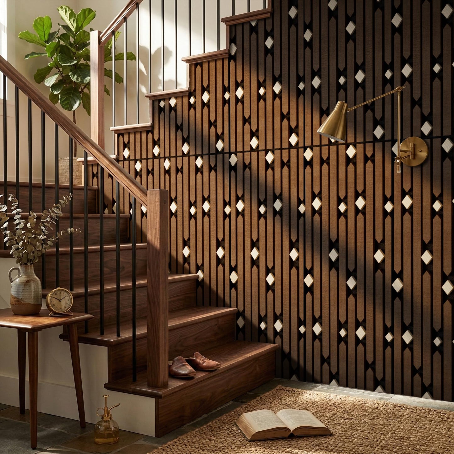 PVC Acoustic Wall Panels, Geometric Sound-Reducing Panels with Built-in Acoustic Layer, 23.6 × 47.2 Inches, 4 Panels per Box, Modern Decorative Wall Panels (Grey) (Walnut)