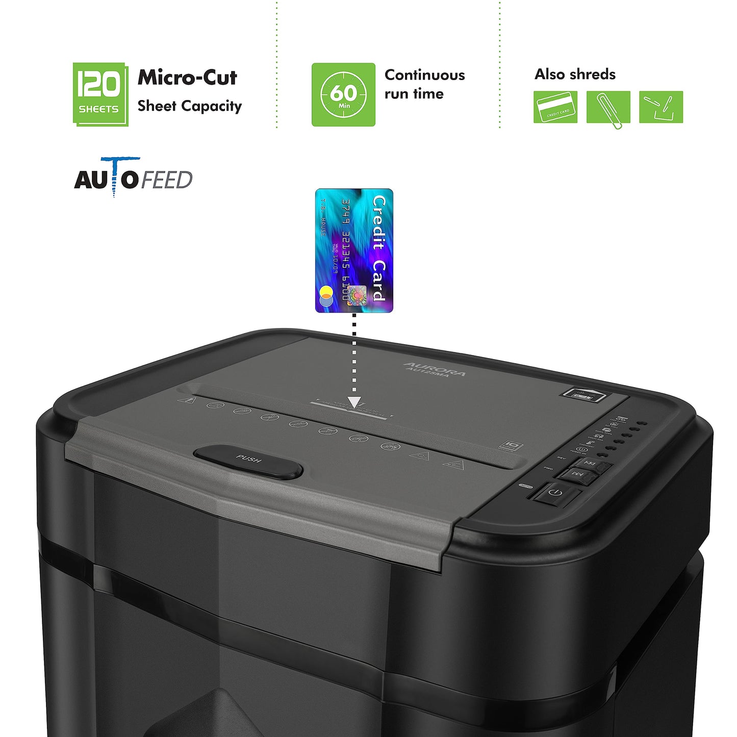 Aurora Professional Grade AU125MA 120-Sheet Auto Feed High-Security Micro-Cut Paper Shredder/60 Minutes/Security Level P-5