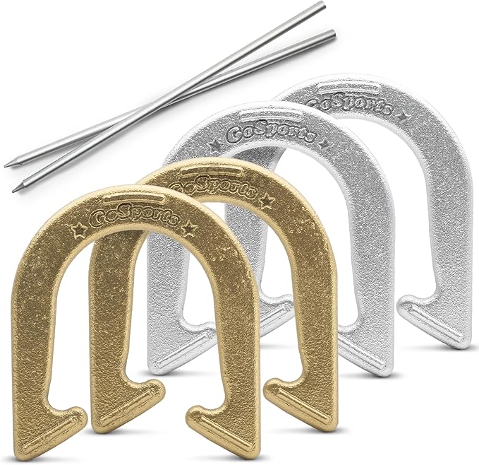GoSports Steel Horseshoes Outdoor Game Set - Gold & Silver or Red & Blue - Official Size and Weight