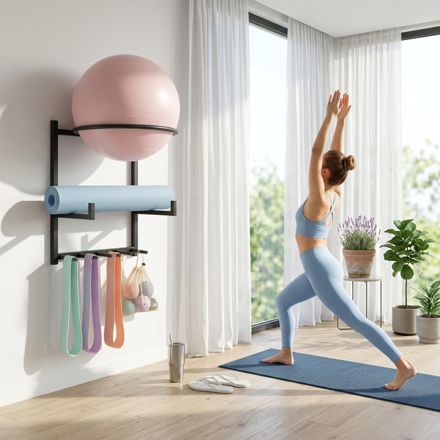 YPDiXDi Wall Mounted Yoga Ball and Mat Holder, Space-Saving Home Gym Organizer and Storage Rack Fits 55-75cm Stability Ball with 5 Hooks for Resistance Bands and Equipment