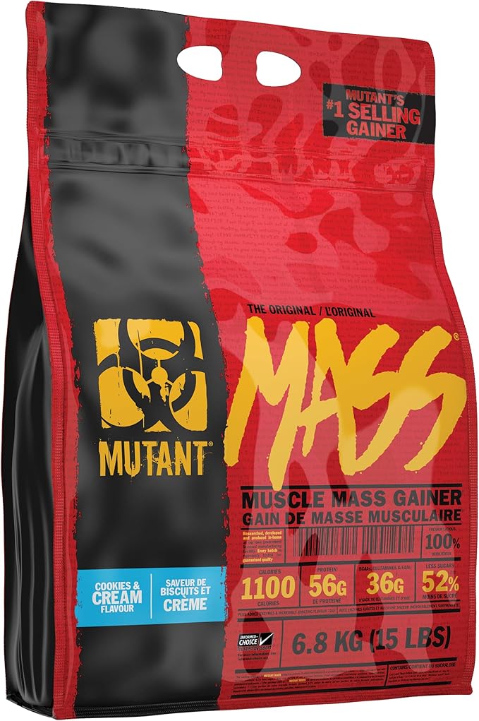 Mutant Mass Weight Gainer Protein Powder ??Build Muscle Size and Strength with 1100 Calories ??56 g Protein ??26.1 g EAAs ??12.2 g of BCAAs ??15 lbs with 24 Servings ??Cookies & Cream