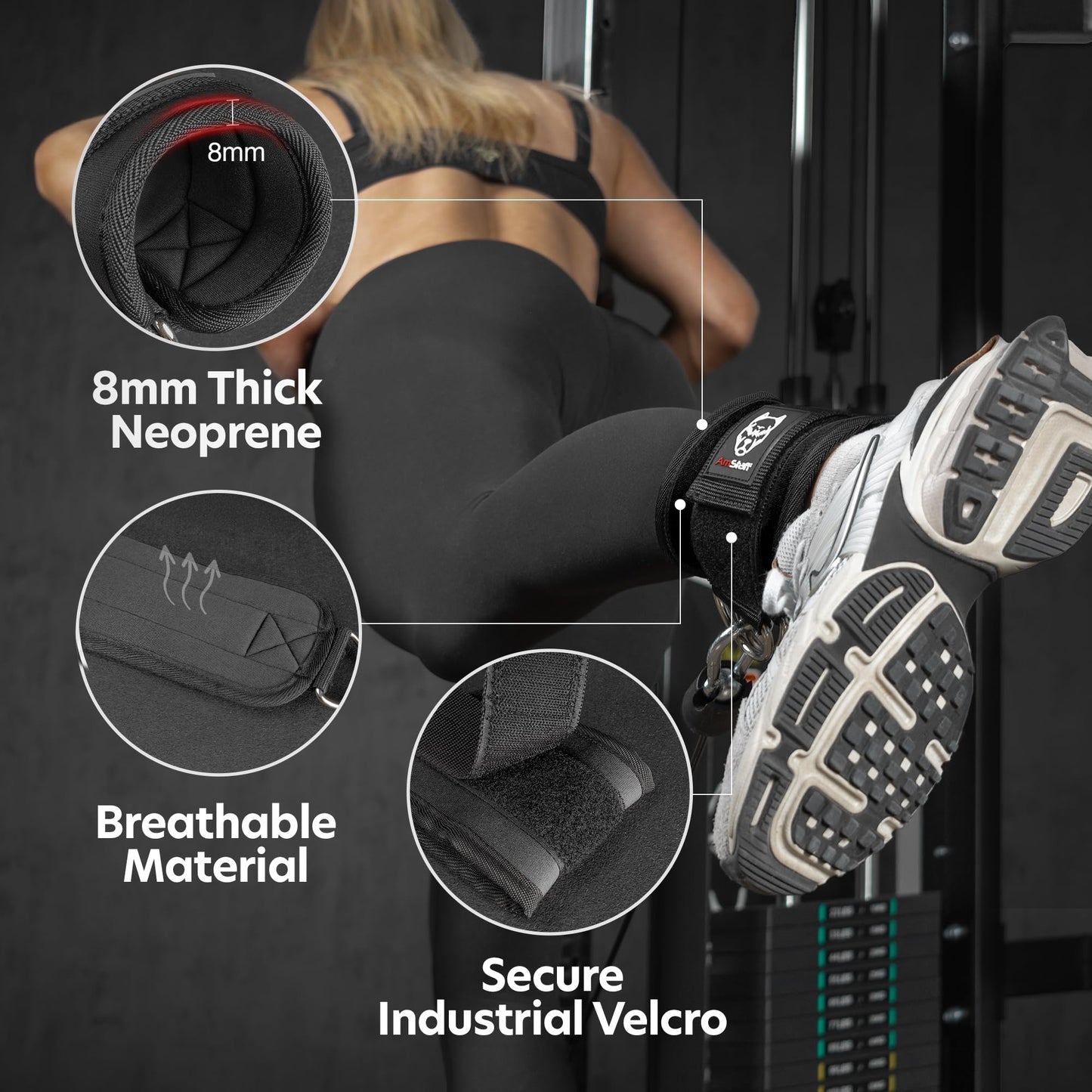 AmStaff Fitness Ankle Straps for Cable Machines – Padded Gym Ankle Cuffs for Glutes, Legs, and Booty Workouts – Adjustable Cable Attachments for Women & Men – One Size (Black)