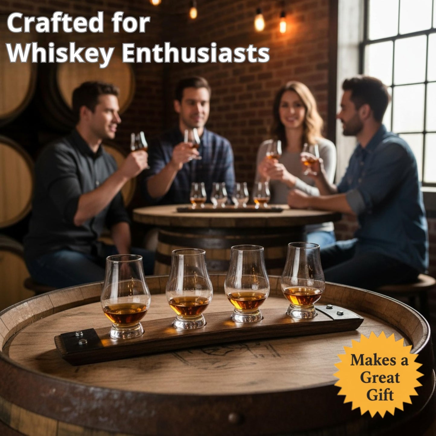 Barrel-Art Barrel Stave Premium 4 Glass Whiskey Flight Serving Tray No Glasses Included, Natural