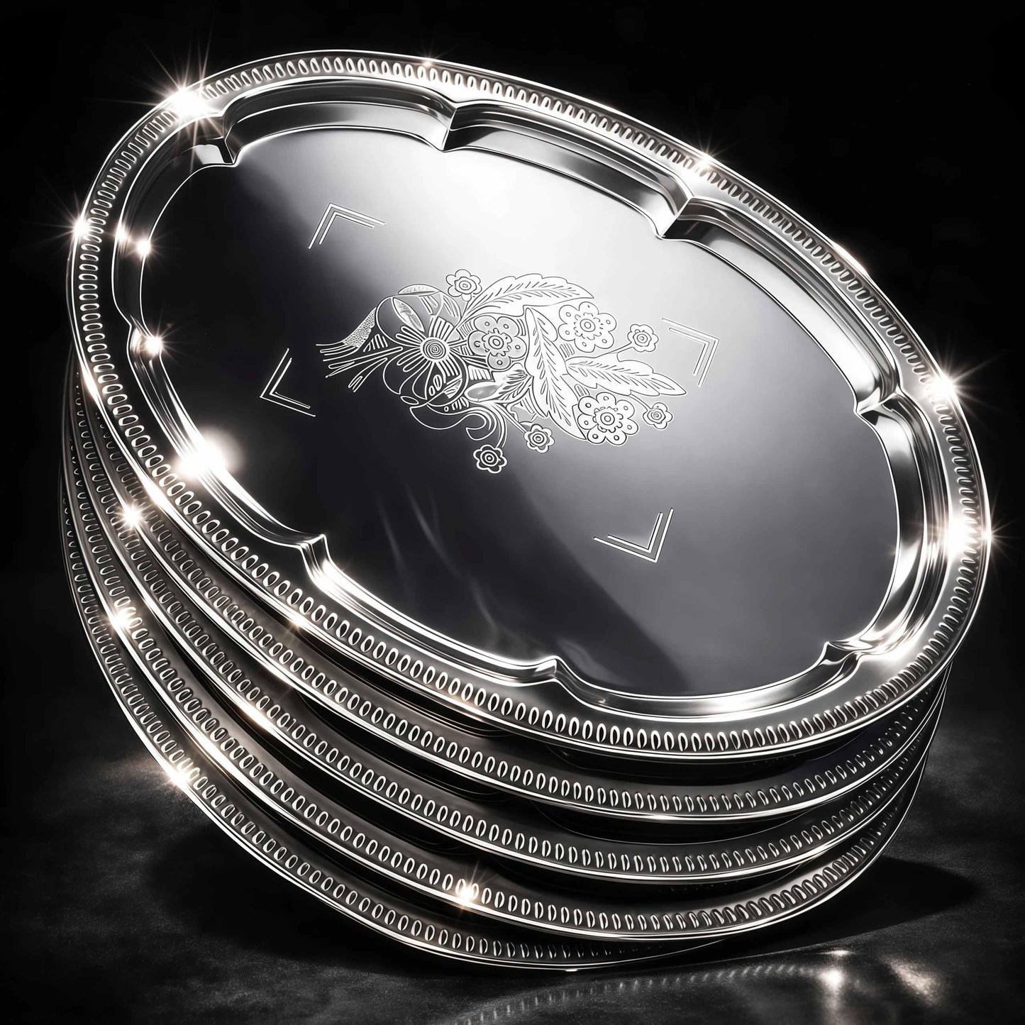 6-Pack Large Silver Serving Trays (16" x 12") – Oval Floral Engraved Serving Platters for Parties, Weddings, Birthdays, Festive Occasions – Mirror Trays for Appetizers, Charcuterie, Cookies, Desserts