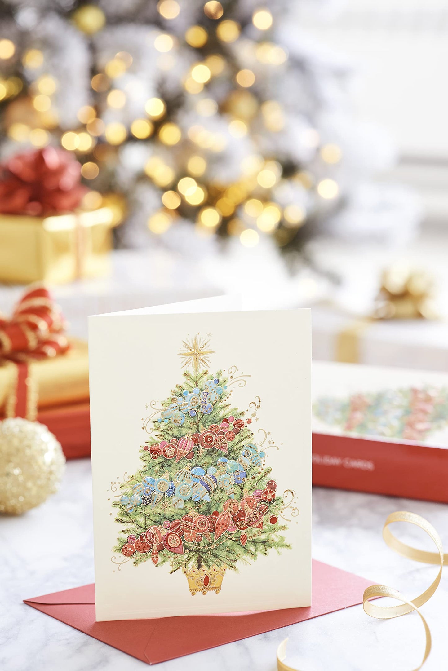 Papyrus Boxed Christmas Cards with Envelopes, Peace and Happiness, Glitter-Free Christmas Tree (12-Count)