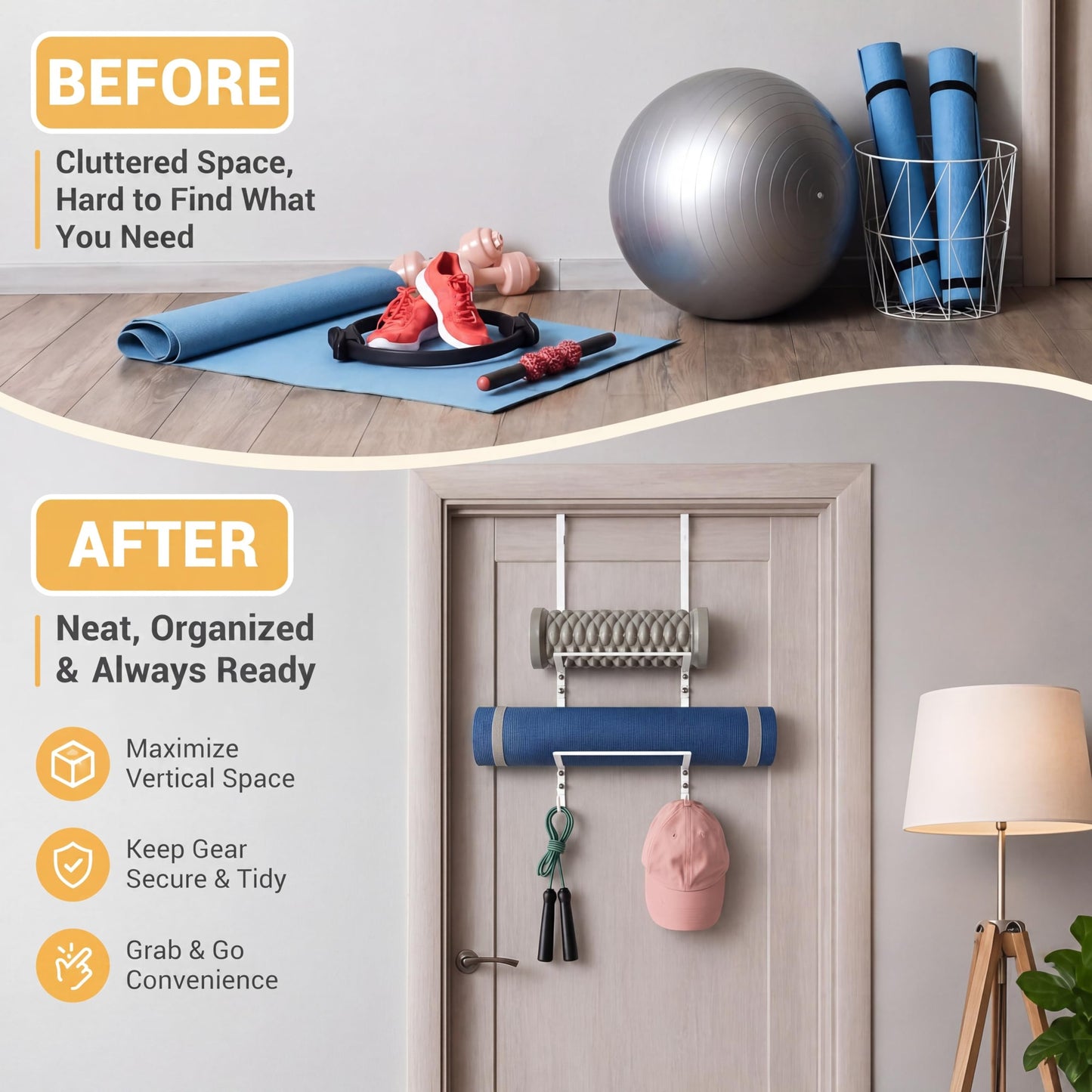 Zonon Over-the-Door Yoga Mat Holder Rack – 3 Tier Space‑Saving Mat & Foam Roller Organizer Iron Yoga-mat Organizer Rack Home Gym Storage with Metal Hooks for Foam Rollers & Home Gym Fitness