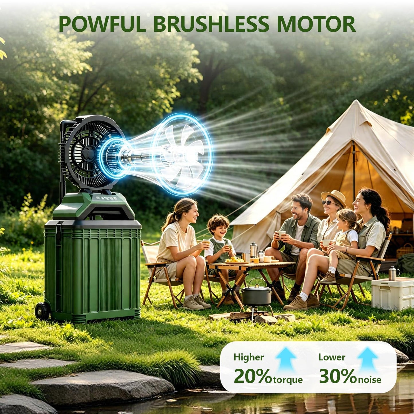 Veubew Portable Misting Fan with 30L Bucket, 30000mAh Rechargeable Battery Powered, 12Hrs Mist Rechargeable Fans, 4 Strong Winds, 4 Spray Mister, 3 Lighting Settings for Outdoor, Camping, Patios