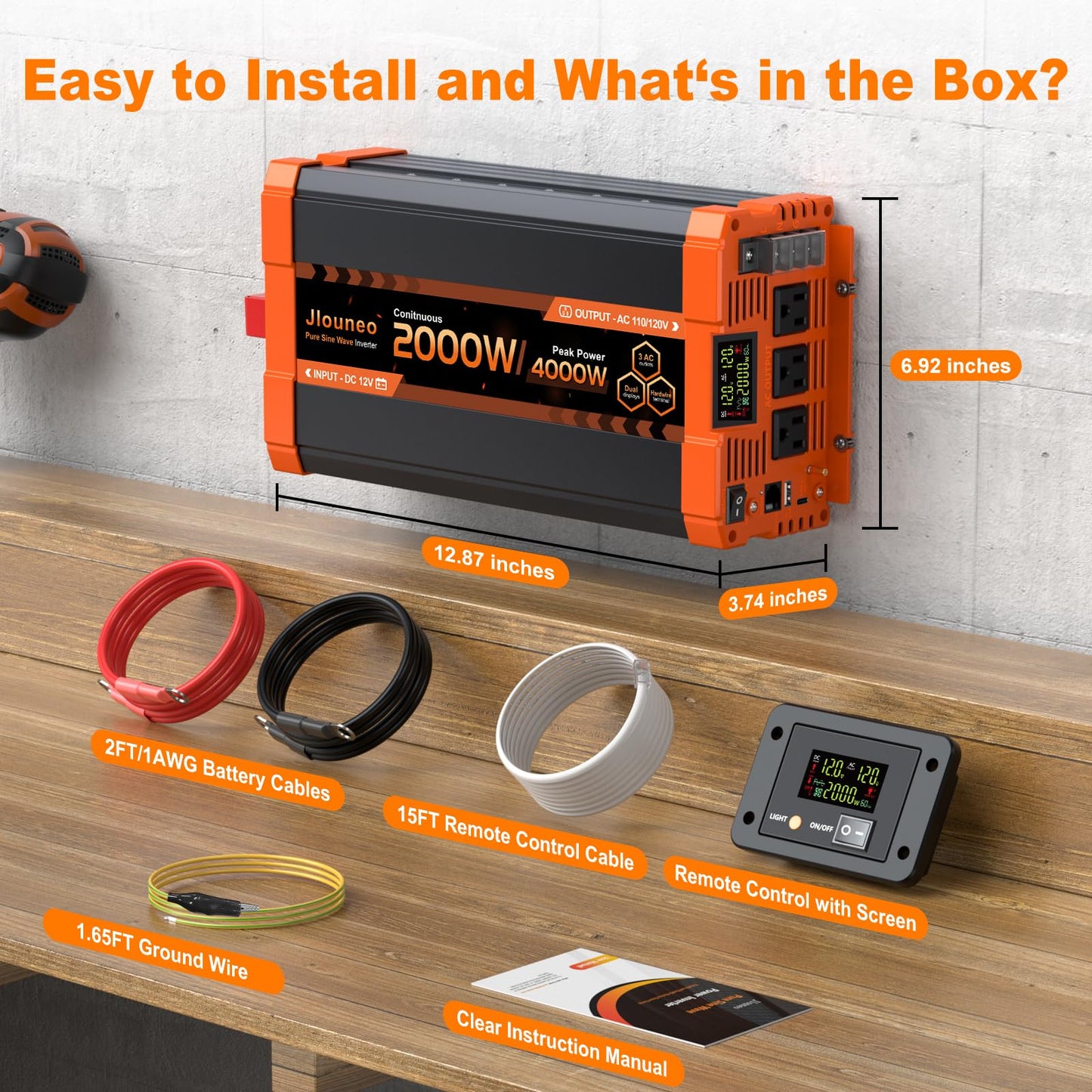 Jlouneo 2000W Pure Sine Wave Inverter, 12V DC to 120V AC Power Inverter, 4000W Peak for RV, Truck, Solar, Camping, Home Backup Use, with 3 AC Outlets, Remote Control, Dual LCD Display, Hardwire Port